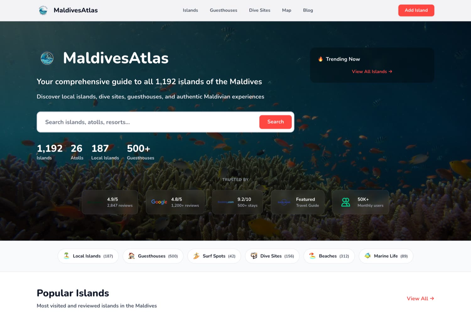 MaldivesAtlas, the live site's home page